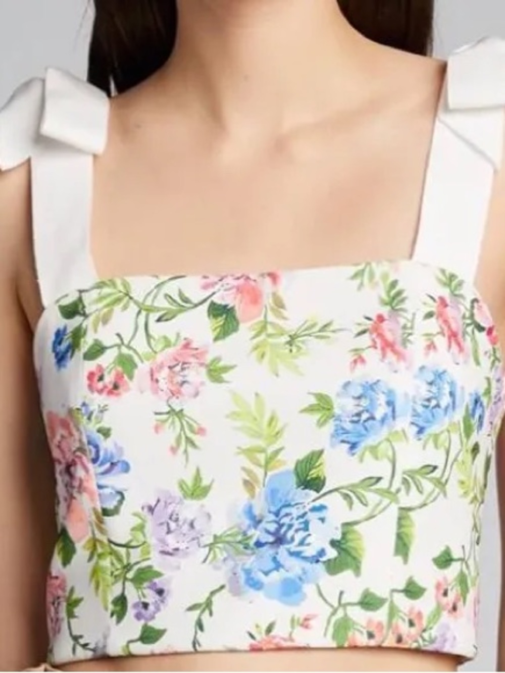 Alice + Olivia White Floral Cropped Tie-Shoulder Top